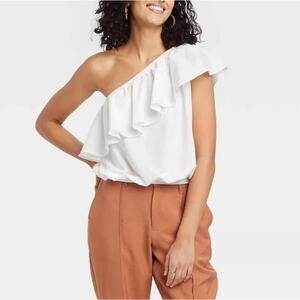 A New Day White One Shoulder Ruffle Blouse Top Womens Plus XXL Asymmetrical Neck